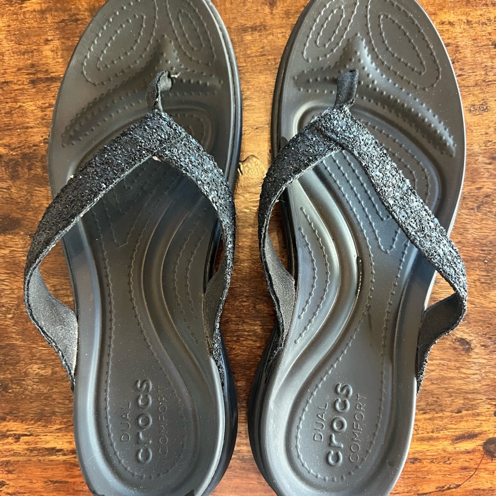 CROCS Black Glitter Strap Flip Flops
